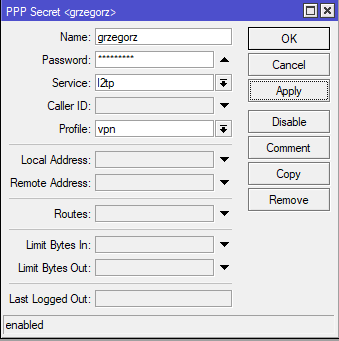Mikrotik dodanie konta użytkownika w PPP Secret dla połączeń VPN