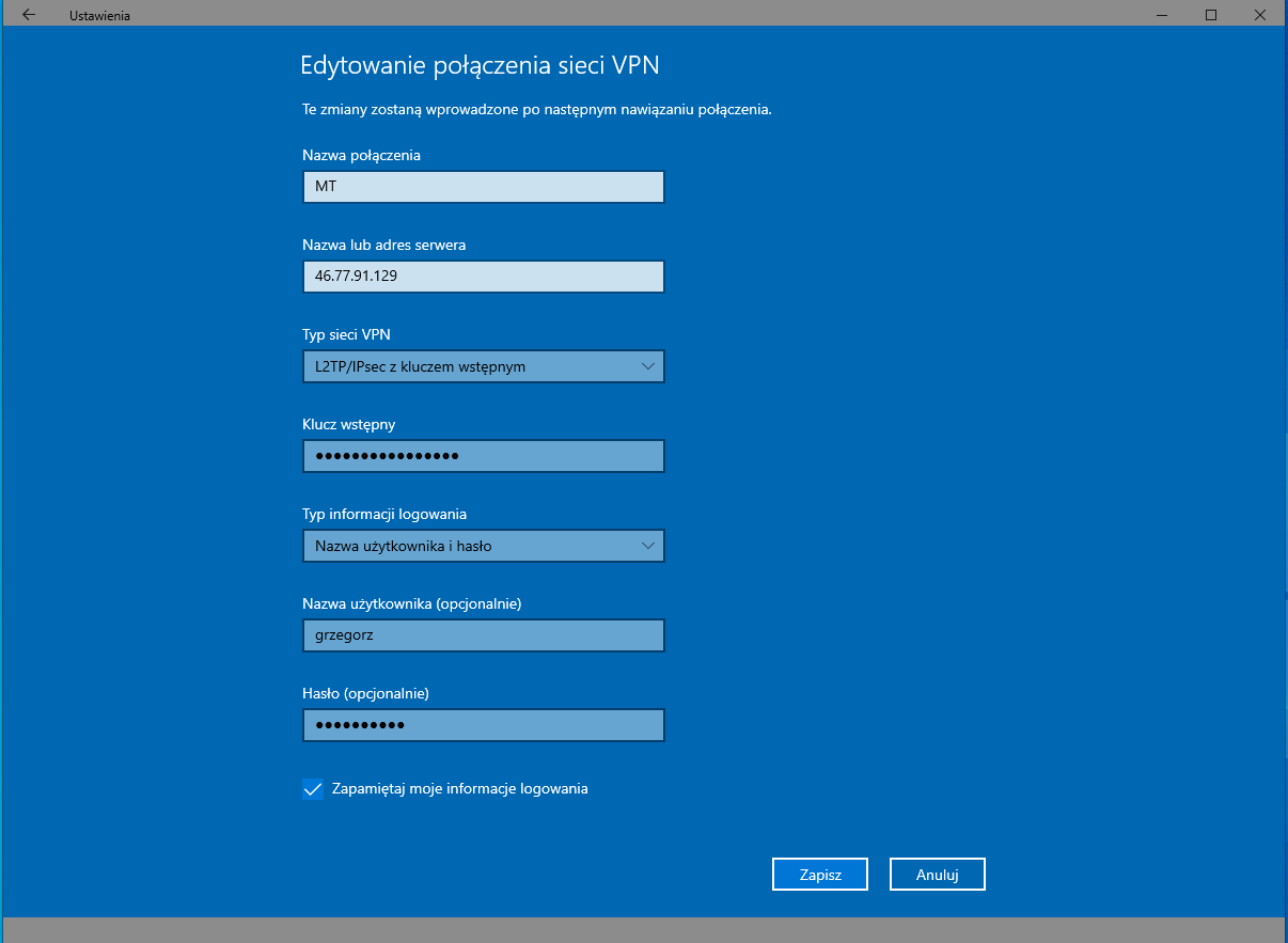 Windows 10 dodanie połączenia VPN ustawienie parametrów